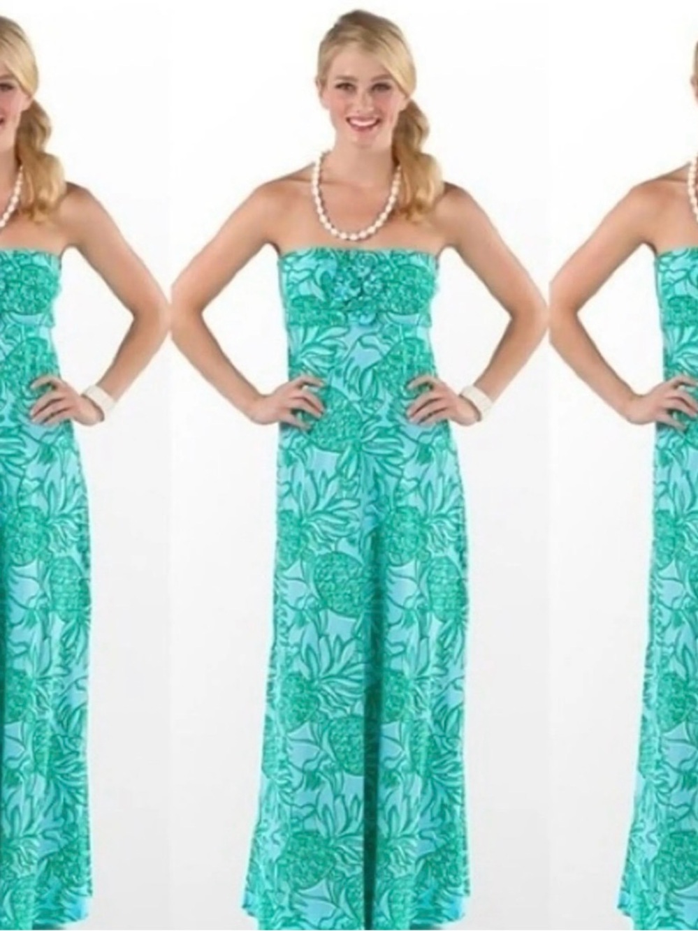 Lilly Pulitzer Aqua Floral Strapless Maxi Dress L